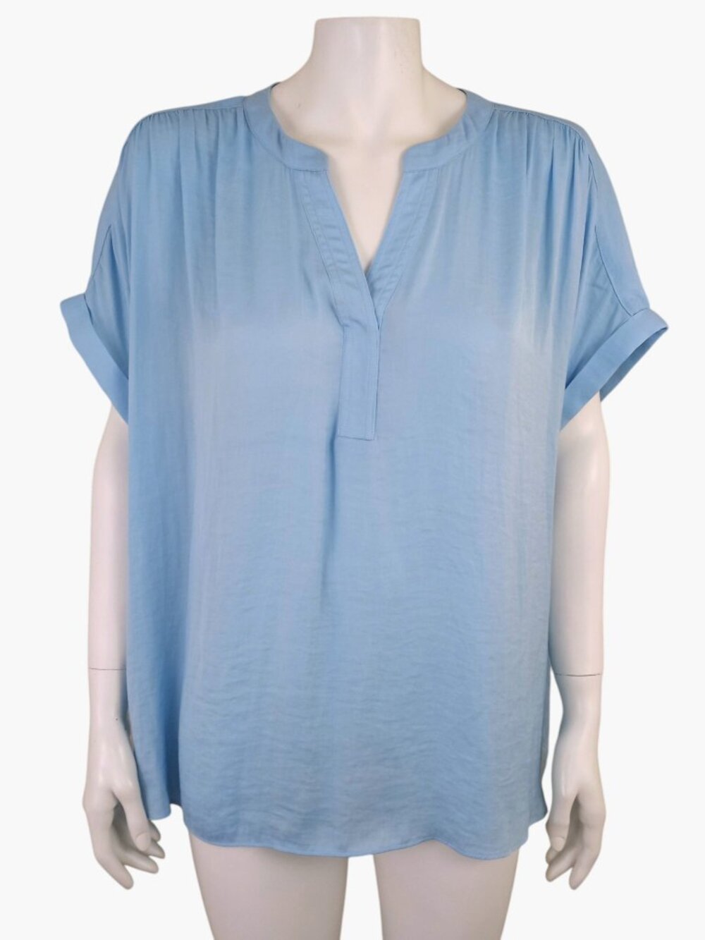 Gibson & Latimer Moonshadow Blue Satin Split V-Neck Cuffed Dolman Blouse Women L